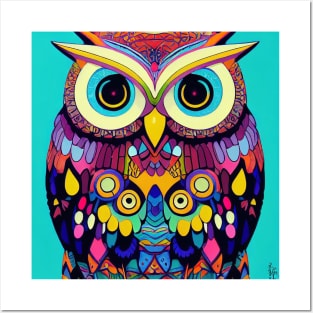 Colorful Owl Portrait Illustration - Bright Vibrant Colors Bohemian Style Feathers Psychedelic Bird Animal Rainbow Colored Art Posters and Art